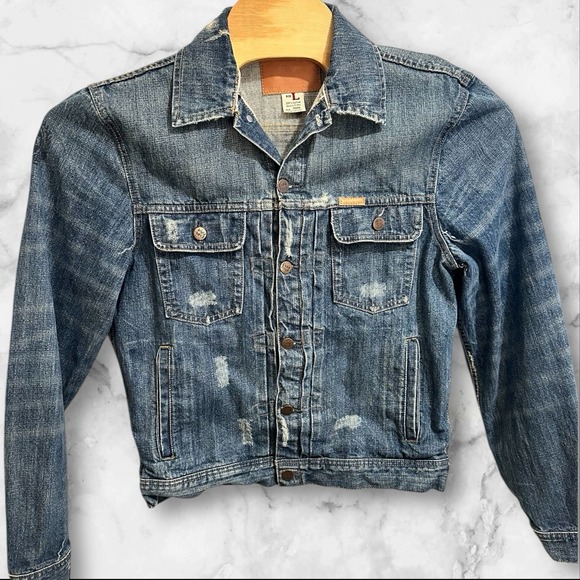 Vintage Ezra Fitch Men's L Y2K Selvedge Distressed Denim Jacket Abercrombie A&F - Picture 1 of 4